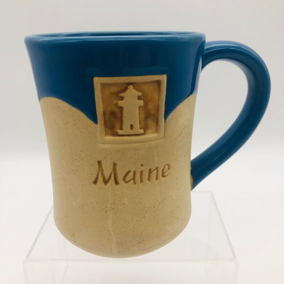 Maine Lighthouse Potters Mug Stoneware Blue Tan - Picture 1 of 9